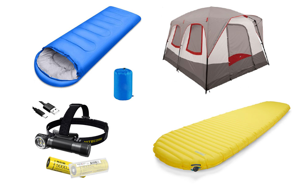 Essential-Camping-Gear-Tent,-Sleeping-Bag,-Mat,-Headlamp